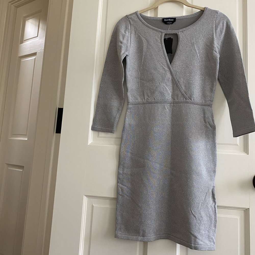 BEBE silver mid sleeve, bodycon dress • S